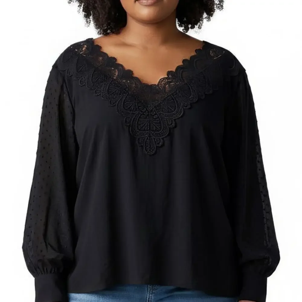 Venus Black Blouse Swiss Dot Lace Detail Top 2X